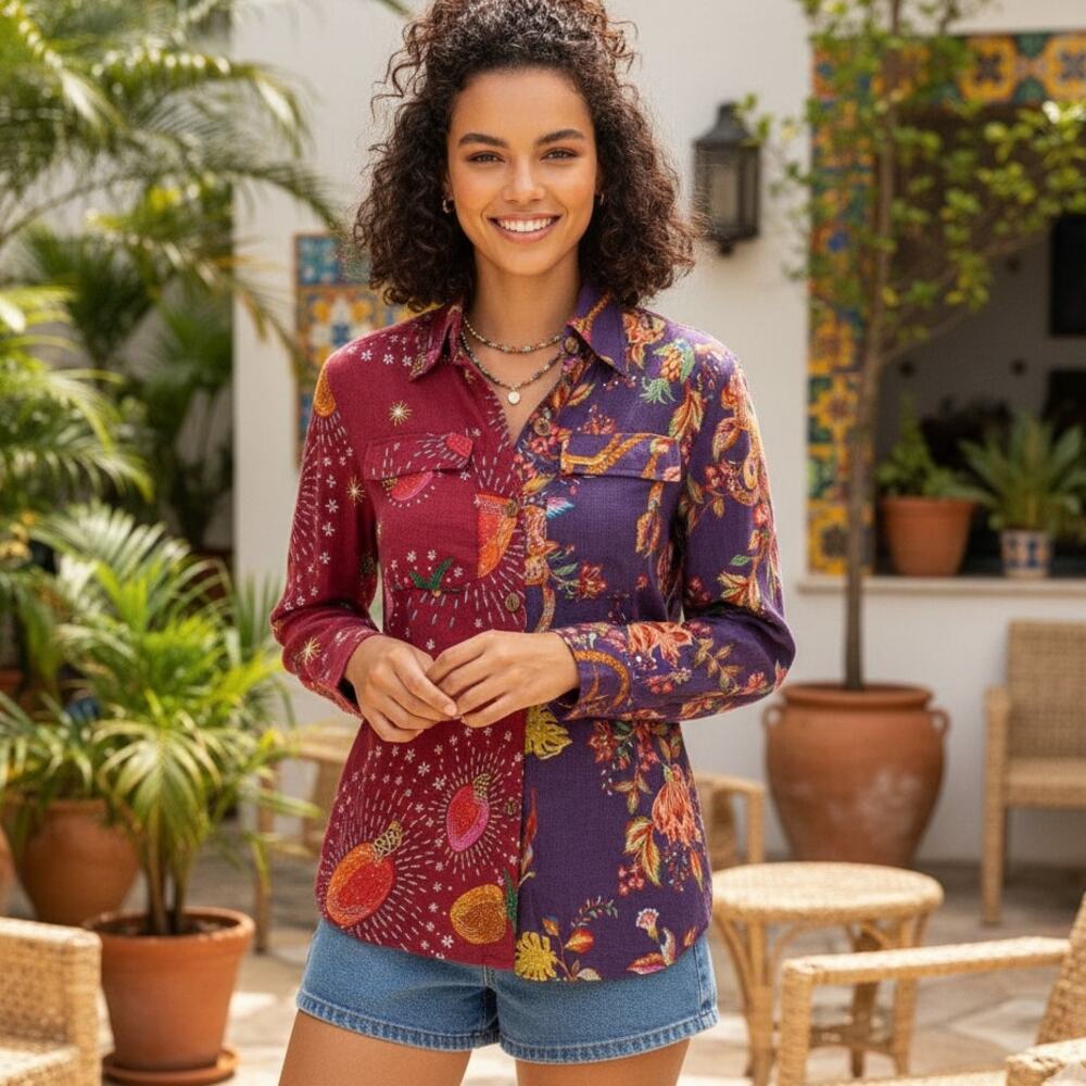 Farm Rio Women's colorblock floral button up Top Red Purple sz XS